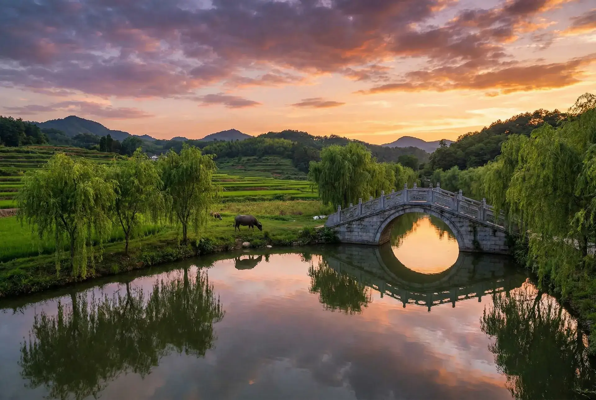 夕阳下的石拱桥与垂柳，水牛在河边吃草 - 二十八岁未成年免费观看 乡村美景
